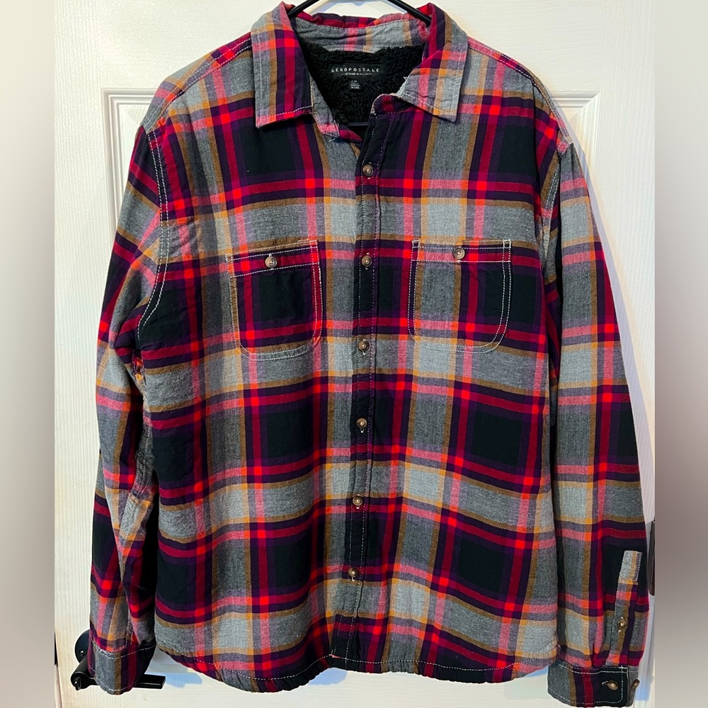 Aeropostale Sherpa Plaid Flannel Shacket, Size Large